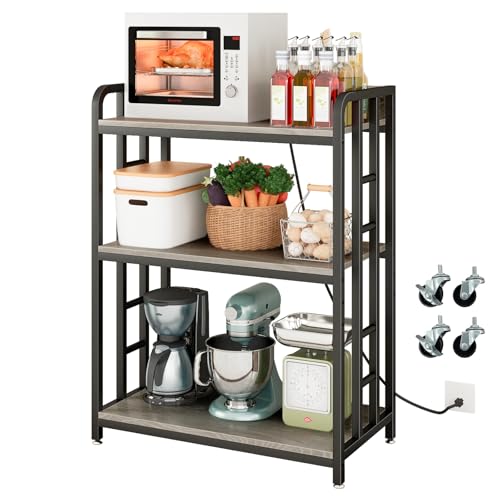 Baker's Rack with Power Outlet, 3-Tier Adjustable Microwave Cart, Greige | Microwave Stand with Storage, Spice Rack，Locking Wheels, Coffee Station for Kitchen，Living Room，Coffee Bar，Office - color: Greige