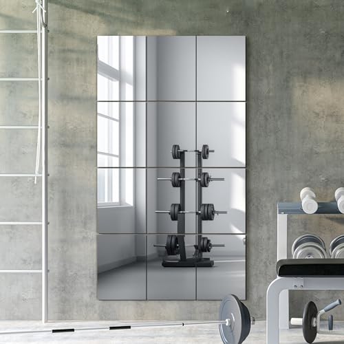Wall Mirror Tiles, 16"x12"x12PCS Full Length Home Gym Mirror | HD Tempered Glass, Frameless Workout Mirror for Garage, Bedroom, Living Room, Over The Door - size: 16"x12"x12PCS