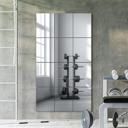 Wall Mirror Tiles, 16"x12"x12PCS Full Length Home Gym Mirror | HD Tempered Glass, Frameless Workout Mirror for Garage, Bedroom, Living Room, Over The Door - size: 16"x12"x12PCS