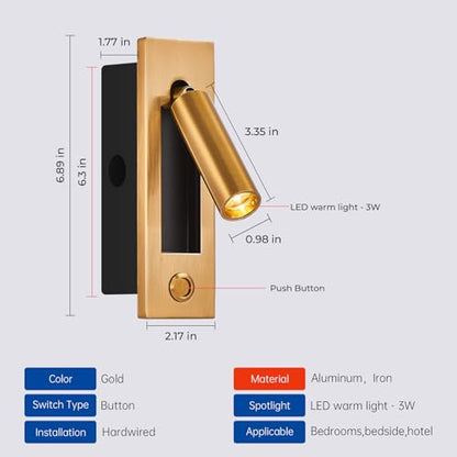 LED Wall Mounted Bedside Light, Adjustable Recessed Headboard Light with Switch, Wall Sconce for Reading, Hardwired Spotlight for Bedroom (Gold) - color: Wall light-Gold