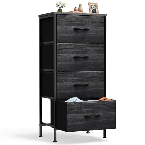 DUMOS Nightstand with 4 Drawers Bedside Table with Removable Fabric Bins Sturdy Steel Frame Wood Top Organizer Furniture for Bedroom Closet Living Room,Black Wood Grain - color: Black Wood Grain, size: 11.8"D x 17.7"W x 37.4"H (4 Drawers)