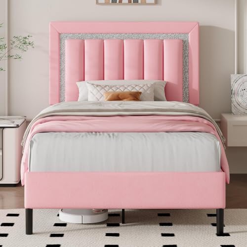 HOMBCK Twin Bed Frames with Faux Leather Upholstered Headboard | Twin Bed Frame with Diamond Vertical Design, No Box Spring Needed, Under Bed Storage, Easy Assembly, Pink - color: Pink, size: Twin