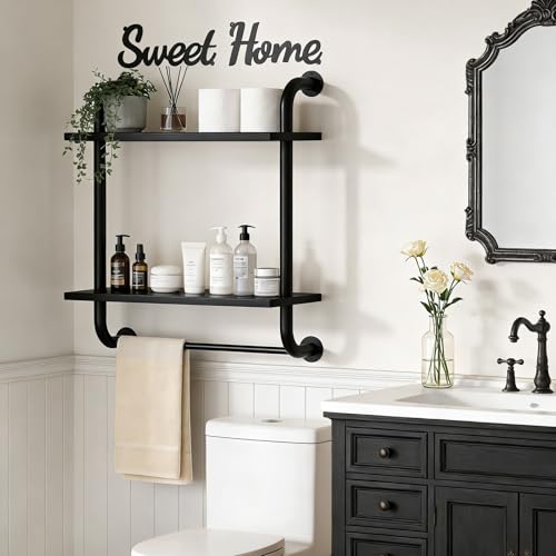 3 Tier Wall Shelves Over Toilet Rustic Industrial Floating Shelf - color: Black, size: 2 tier