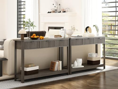 RUSTOWN Fluted Wood Console Table with 3 Drawers, 47.2" Boho Entryway Table | Narrow Behind Couch Sofa Table, Open Storage Shelf, Curved legs, 2 Tier Modern Farmhouse Hallway Table for Living Room, Foyer - color: Washed Oak