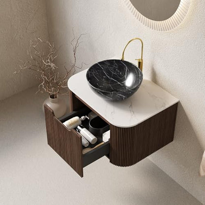24” Floating Bathroom Vanity with Sink, Fluted Wall-Mounted Solid Wood Cabinet, Black Marble-Patterned Bowl Basin, Faux Marble Top, Soft-Close Drawer, Pre-Assembled, Walnut Woodgrain - color: 05 - Walnut Woodgrain, size: 24"