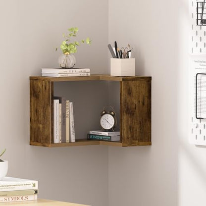 Floating Corner Shelf, 2-Tier Floating Shelf for Wall, Wood Floating Book Shelf for Living Room, Bedroom, Bathroom, Home Office, Rustic Brown - size: 2-Tier