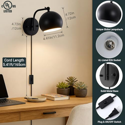 Plug in Wall Sconces Set of 2, Adjustable Angle Black Wall Lights with Plug in Cord & On/Off Switch, Bedside Wall Mount Lamps with Globe Shade for Bedroom Living Room Bathroom (2 Bulbs Included)