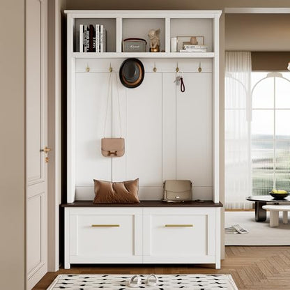 JIVOIT 4-in-1 Entryway Hall Tree with Brown Wood Grain Storage Bench, Wood Entryway Coat Hanger Hall Tree with 6 Golden Hooks, 2 Drawers, Coat Rack for Living Room, Hallway (White/31) - color: White/31