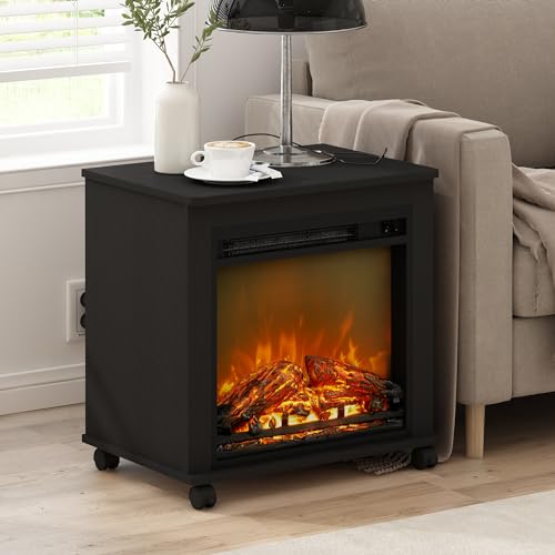 Furinno Jensen Side Table, Fireplace End Table with Wheels, Electric Fireplace Night Stand, Bedside Table, for Living Room, Bedroom, Americano - color: Americano, size: Fireplace with Wheels