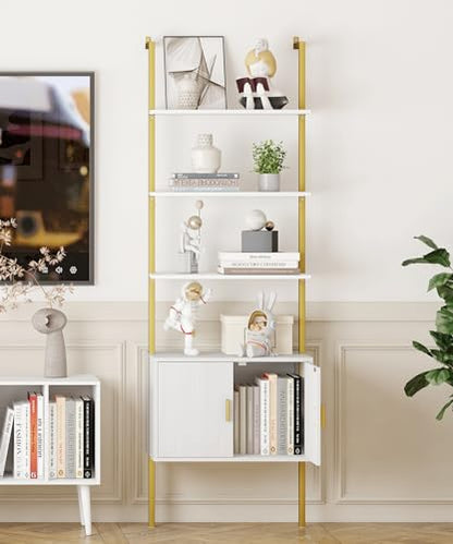 Yusong 73" Tall Bookshelf with Cabinet, Industrial Ladder Wall Mount Shelf Bookcase with Wood and Metal Frame, Plant Shelf Wall Storage Display for Living Room Bedroom, White Gold - color: White