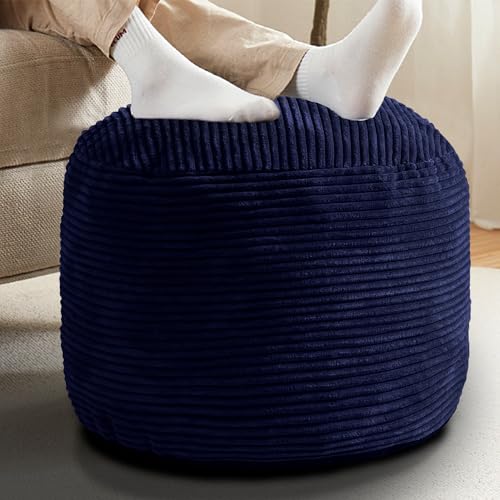 Round Stuffed Pouf Ottoman for Foot Stools, 20"x 15" Corduroy Poufs Ottoman | Shredded Foam Filling, Washable Floor Poufs Foot Rest for Living Room Bedroom Home Decor and Office Chair - color: Navy