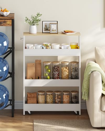 Slim Storage Cart with Wheels, 5.5" Narrow 4-Tier Rolling Cart, Multi-Purpose Utility Cart for Kitchen, Bathroom, Laundry Room, Living Room, White and Natural MTC02WN