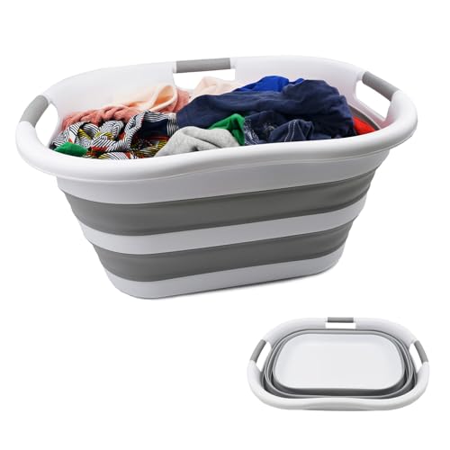 SAMMART 40L (10.5 gallon) Collapsible Plastic Laundry Basket - Foldable Pop Up Storage Container/Organizer - Portable Washing Tub - Space Saving Hamper/Basket (1, White/Grey) - color: White/Grey