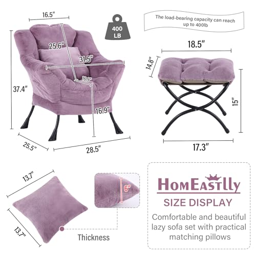 Lazy Chair with Ottoman, Plush Reading Chair with Pillow，Purple | Removable machine-washable cover; includes an extra throw pillow; cozy accent chair for living room, bedroom, dorm or office - color: Plush Purple-1