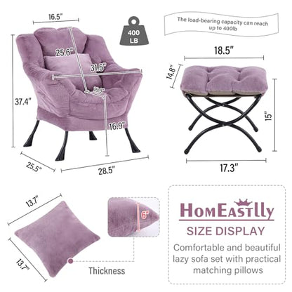 Lazy Chair with Ottoman, Plush Reading Chair with Pillow，Purple | Removable machine-washable cover; includes an extra throw pillow; cozy accent chair for living room, bedroom, dorm or office - color: Plush Purple-1