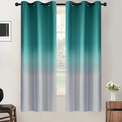 SimpleHome Teal to Grey White Ombre Room Darkening Curtains 63 Inch | Curtains for Living Room,Light Blocking Thick Thermal Insulated Grommet Window Curtains Drapes for Bedroom, 2 Panels,42Wx63L - color: Teal to Grayish White, size: 42"W x 63"L (Pack of 2