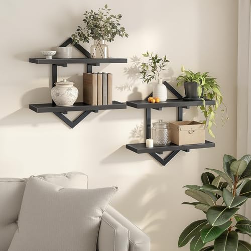 HOOBRO Floating Shelves for Wall, Set of 2 Wall Shelf, 15" Hanging Shelves | 2-Tier Wall Mounted Storage Shelves, for Living Room Bedroom Kitchen Office Study Bathroom Wall Decor, Black - color: Black