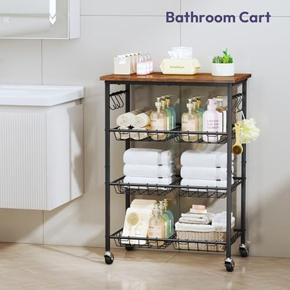 SWTYMIKI 24.4''x15.7'' Rolling Microwave Cart - 4 Tier Microwave Table Stand with 6 Storage Baskets, Coffee Bar with Wheels, Kitchen Utility Cart Shelf Rack Organizer for Vegetables, Potato, Brown - color: Brown