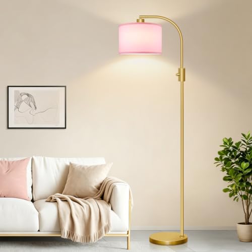 Nintiue Dimmable Floor Lamp, 1200 Lumens LED Edison Bulb Included, Arc Gold Floor Lamps for Living Room Modern Standing Lamp with Pink Linen Shade - color: Gold-Pink Shade