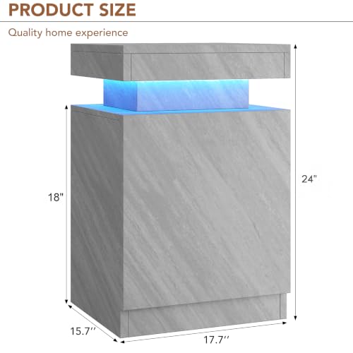 Nightstands Set 2, 17 Inches Modern Bedside Table with LED Lights, LED Night Stand Set of 2, High Gloss Surface, End Table with Storage for Bedroom, Grey - color: Grey-17"