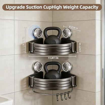 Suction Cup Corner Shower Caddy, No Drill, 2 Tier, Gray | Aluminum, With Hooks, Floating Rack for Inside, Bathroom Wall Shelf Organizer - style: Suction Cup Corner Shower Caddy ,2 Tier ,Gray