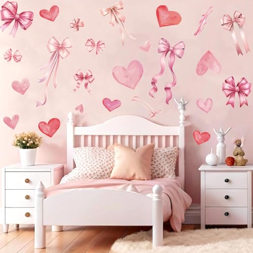 Pink Bow and Heart Wall Decals - 9 Sheets 123 Pcs Bow Knot Wall Stickers Watercolor Bow Heart Peel and Stick Wall Stickers for Girls Room Nursery Bedroom Valentine's Day Décor - color: Bow Heart