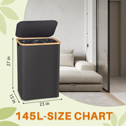 145L Laundry Hamper with Lid, 3 Section Laundry Basket with 3 Removable Bag | Clothes Hampers for Laundry with Bamboo Frame Handle, Large Dirty Clothes Hamper for Laundry Room, Bathroom, Bedroom, Grey - color: Dark Grey, size: 145L