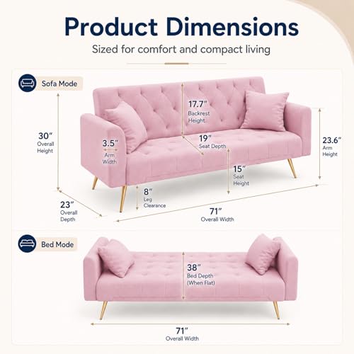 Majnesvon 71" Pink Futon Sofa Bed Couch: Velvet Fabric Memory Foam 2 Pillows Gold Metal Feet Adjustable Tufted Backrest, Convertible Folding Sleeper Loveseat for Living Room Bedroom Apartment (Pink) - color: Pink