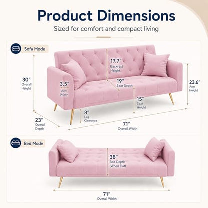 Majnesvon 71" Pink Futon Sofa Bed Couch: Velvet Fabric Memory Foam 2 Pillows Gold Metal Feet Adjustable Tufted Backrest, Convertible Folding Sleeper Loveseat for Living Room Bedroom Apartment (Pink) - color: Pink