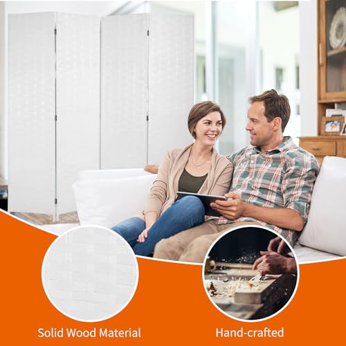 BLKMTY Room Divider, 6ft Folding Privacy Screens, Wall Divider Portable Room Seperating Freestanding Wood Screen, 4 Panels Hand-Woven Design Screen Double Hinged Dividers for Bedroom, White - color: White