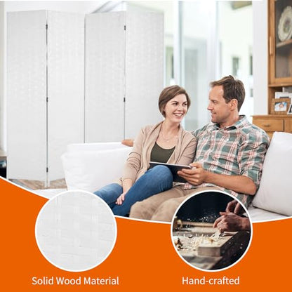 BLKMTY Room Divider, 6ft Folding Privacy Screens, Wall Divider Portable Room Seperating Freestanding Wood Screen, 4 Panels Hand-Woven Design Screen Double Hinged Dividers for Bedroom, White - color: White