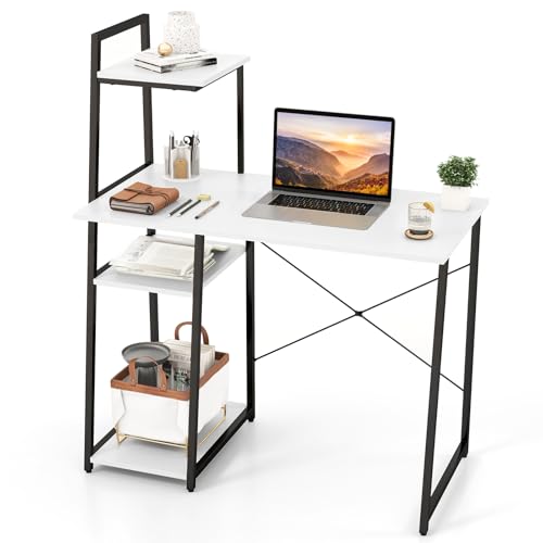 Tangkula Computer Desk with Shelves, Space Saving Home Office Desk with 3-Tier Ladder Shaped Storage Bookshelf, Modern Writing Study Desk with Metal Frame, Compact Computer Workstation (White) - color: White