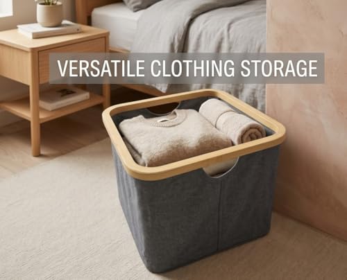 Bamboo Storage Basket, Collapsible Fabric Shelf Basket with Handles, Open-Top Closet Organizer Bin, Gray, 11.8 x 11.8 x 9.6 in
