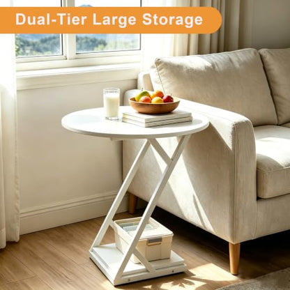 20In Small Round Side Table, 2-Tier White End Table with Z-Shaped Metal Frame, Round Accent Coffee Table with Storage Shelf, Modern Sofa Side Table for Living Room, Bedroom - color: 20in-white