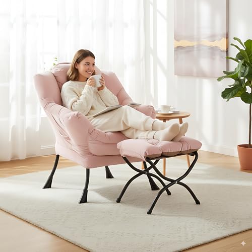 Lazy Chair with Ottoman, Comfy Accent Reading Chair, Velvet Pink | Foldable Footrest,Removable Cover,with Armrests and Side Pockets,Upholstered Lounge Chair for Bedroom,Dorm,Office,Small Space - color: Velvet Pink