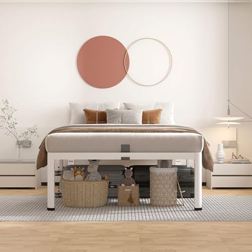 ROIL 18 Inch White Twin Bed Frame with Rounded Corner & 4 Mattress Baffles | Easy Assembly, Noise Free, 3500LBS Load Capacity, No Box Spring Needed, 16.4" Storage Space, Headboard Hole, Heavy Duty Steel - size: Twin, style: 18 Inch White