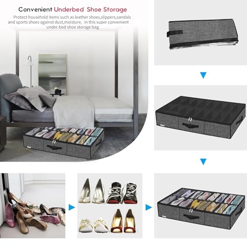 Onlyeasy Sturdy Under Bed Shoe Storage Organizer Fit 8 to 16 Pairs, Collapsible Closet Underbed Shoes Container Bags with Reinforced Handles, 37.7x23.6x5.9in, Linen-like Black, MXAUBS16P1 - color: Linen-like Black 1 Shoes (16 Cells)