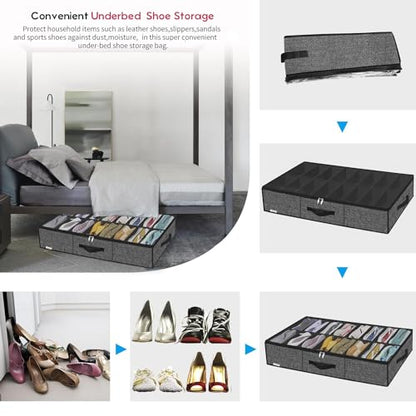 Onlyeasy Sturdy Under Bed Shoe Storage Organizer Fit 8 to 16 Pairs, Collapsible Closet Underbed Shoes Container Bags with Reinforced Handles, 37.7x23.6x5.9in, Linen-like Black, MXAUBS16P1 - color: Linen-like Black 1 Shoes (16 Cells)