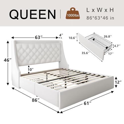 Einhomn Queen Bed Frame with 4 Storage Drawers, Upholstered Bed Frame with Large Wingback Headboard, Charging Station, No Box Spring Needed, White - color: White, size: Queen