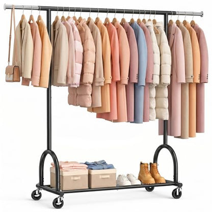 Heavy Duty Clothes Rack for Hanging Clothes Load 424 LBS, Height Adjustable Rolling Clothing Racks, Portable Metal Coat Rack Garment Wardrobe with Wheels and Shelves for Bedroom Laundry, Black - color: Black, style: 1 Shelf