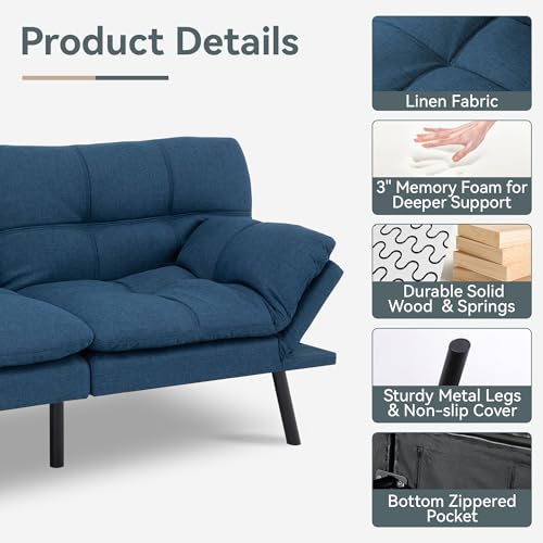 Futon Sofa Bed Convertible Couch, Blue Linen Sofa Bed | Adjustable Backrest & Armrests, Multifunctional Small Loveseat Sleeper Sofa for Living Room, Apartment, Office, Foam Couch - color: A3 | Blue