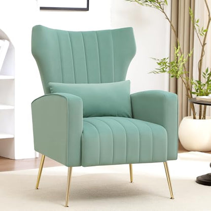 Modern Accent Chair Upholstered Living Room Chair,High Back Arm Chair with Metal Legs Lumbar Reading Chair for Bedroom, Apartment, Small Spaces Lake Green - color: Lake Green, size: Set of 1