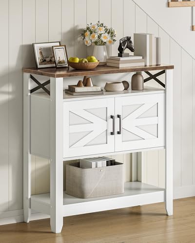 Console Table, Farmhouse Sofa Table with Power Outlet, Coffee Bar Cabinet with Storage, Entryway Table, Coffee Bar Table, for Entrance, Hallway, Kitchen, White and Walnut MXG01UWL