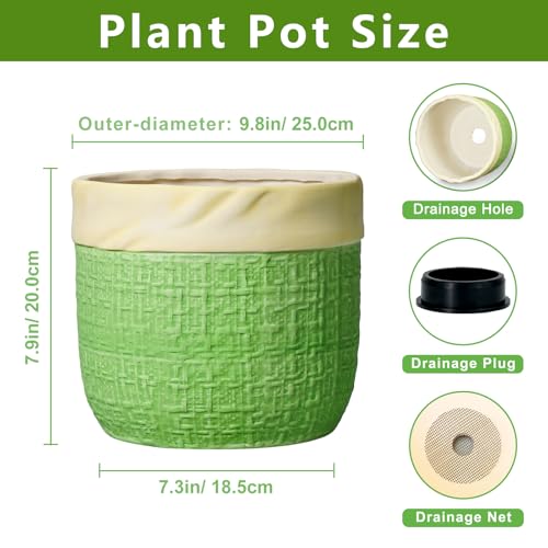 Ceramic Pots for Plants, 9.8 Inch Planter, Round Plant Pot, Green | Boho Plant Pots with Drainage Hole, Decorative Flower Pot for Indoor Plants, Home Patio Decor, Plant Lover Gifts - color: Green, size: 9.8 Inch