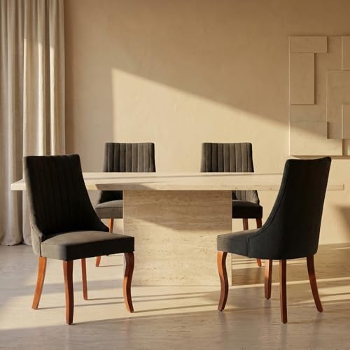 Upholstered Dining Chairs Set of 4, Mid-Century Modern Fabric Seating with Solid Wood Legs, High Back Side Chairs for Kitchen and Dining Room, Black - color: Black, size: Set of 4