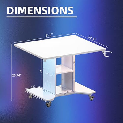 Pamray Small Gaming Desk Rolling Computer Table White | Movable, with Led Lights Power Outlets, with Storage Pegboard and Hook, Sturdy, Suitable for Study Gaming Bedroom Dorm - color: White