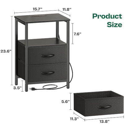 Huuger Night Stand with Charger Station and LED Lights, 2 Drawer Nightstand | Bed Side Table with Open ShelfEnd TableFabric Drawers for Bedroom, Black - color: Black, size: 11.8"D x 15.7"W x 23.6"H（2 Drawers）