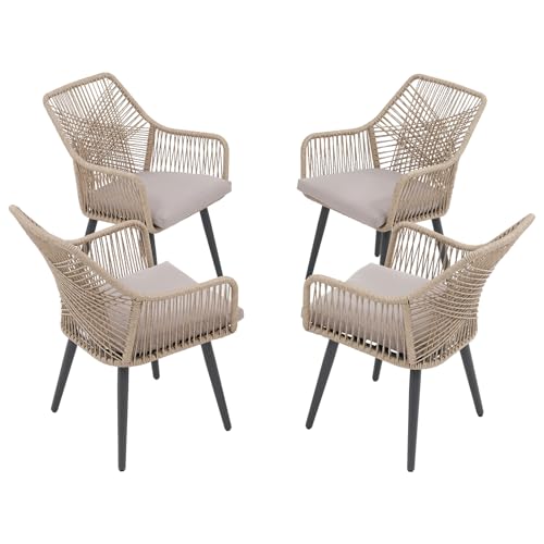 Patio Dining Chairs Set of 4, Woven Outdoor Chairs with Armrest, Tan | All-Weather Woven Rope Rattan & Iron Frame, w/Seat Cushions,350lb Weight Capacity, for Backyard, Deck, Indoor Dining Kitchen - color: Tan & Cross Back, size: 4 Pcs-Dining Chairs