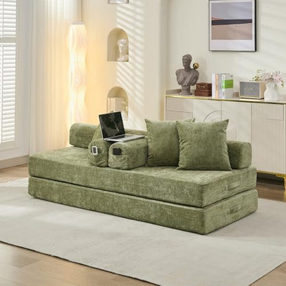 Convertible Folding Sofa Bed Modular Floor Couch, 78.8‘’ Cloud Sleeper Sofa with Removable Backrest, Chenille Foldable Mattress Couch, Lazy Loveseat for Small Space, Apartment, Bedroom, Green - color: #3-green