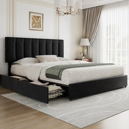 VECELO King Size Bed Frame with 4 Storage Drawers, Adjustable Height Headboard, Heavy-Duty Bedframe with Strong Wooden Slats, No Box Spring Needed, Black - color: Black, size: King, style: Bed Frame With Drawers